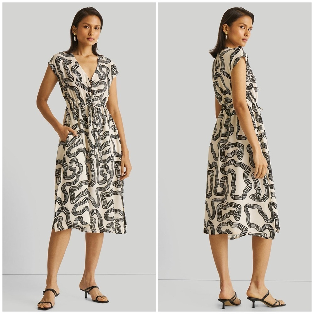 NWT Reistor Deep V-neck Gathered Dress in Geometric Black Stripes Bemberg Size S